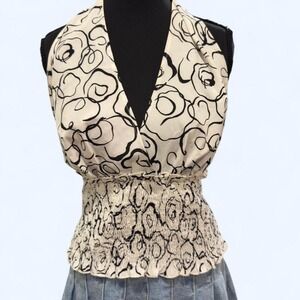black & White abstract swirl halter top, open back, ultra-stretchy smocked waist